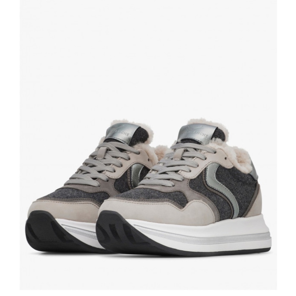 NWT VOILE BLANCHE MELANY FUR. Leather And Fabric Sneakers in Grey-Charcoal Grey - Picture 2 of 15